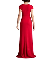 Tadashi Shoji Crepe Asymmetrical V-Neck Cap Sleeve Twist Front Front Slit Gown