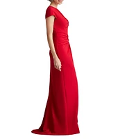 Tadashi Shoji Crepe Asymmetrical V-Neck Cap Sleeve Twist Front Front Slit Gown