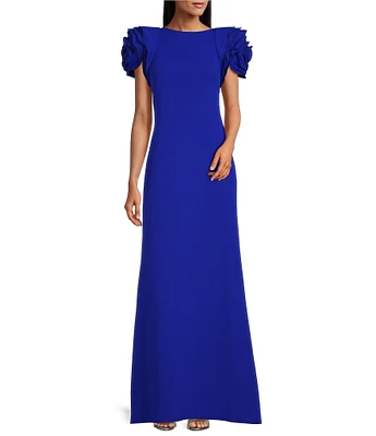 Tadashi Shoji Crepe Boat Neck Cap Rosette Sleeve Gown