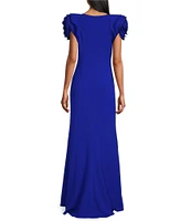 Tadashi Shoji Crepe Boat Neck Cap Rosette Sleeve Gown