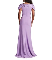 Tadashi Shoji Crepe Embroidered Sequin V Neck Short Sleeve Sheath Gown