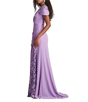 Tadashi Shoji Crepe Embroidered Sequin V Neck Short Sleeve Sheath Gown