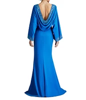 Tadashi Shoji Crepe Embroidered Trim Boat Neck Dolman Long Sleeve Deep Cowl Back Gown
