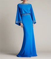 Tadashi Shoji Crepe Embroidered Trim Boat Neck Dolman Long Sleeve Deep Cowl Back Gown