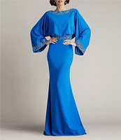 Tadashi Shoji Crepe Embroidered Trim Boat Neck Dolman Long Sleeve Deep Cowl Back Gown