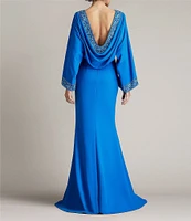 Tadashi Shoji Crepe Embroidered Trim Boat Neck Dolman Long Sleeve Deep Cowl Back Gown