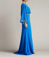 Tadashi Shoji Crepe Embroidered Trim Boat Neck Dolman Long Sleeve Deep Cowl Back Gown
