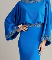 Tadashi Shoji Crepe Embroidered Trim Boat Neck Dolman Long Sleeve Deep Cowl Back Gown