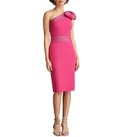 Tadashi Shoji Crepe Embroidered Trim Bow One Shoulder Sleeveless Dress