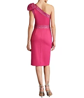 Tadashi Shoji Crepe Embroidered Trim Bow One Shoulder Sleeveless Dress