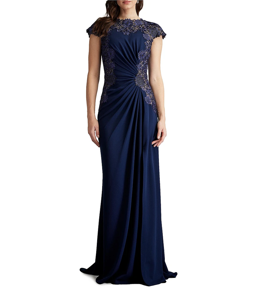 Tadashi Shoji Crepe Floral Embroidered Boat Neck Cap Sleeve Pleated Gown