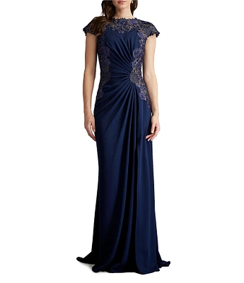 Tadashi Shoji Crepe Floral Embroidered Boat Neck Cap Sleeve Pleated Gown