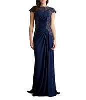 Tadashi Shoji Crepe Floral Embroidered Boat Neck Cap Sleeve Pleated Gown