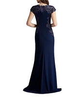 Tadashi Shoji Crepe Floral Embroidered Boat Neck Cap Sleeve Pleated Gown