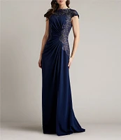 Tadashi Shoji Crepe Floral Embroidered Boat Neck Cap Sleeve Pleated Gown