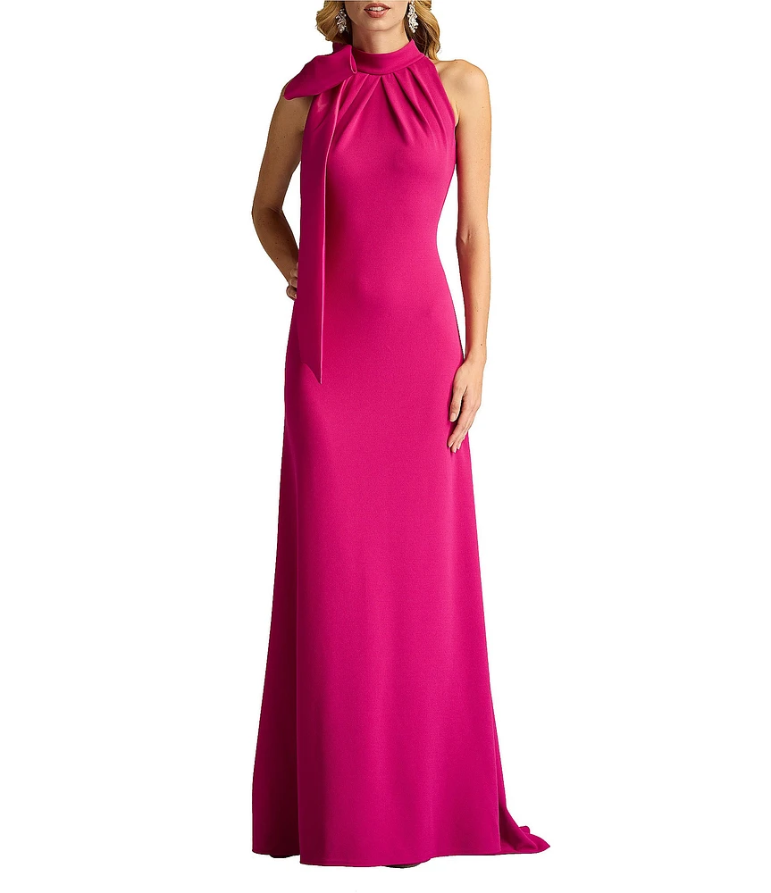 Tadashi Shoji Crepe Halter Mock Neck Taffeta Bow Sleeveless Gown