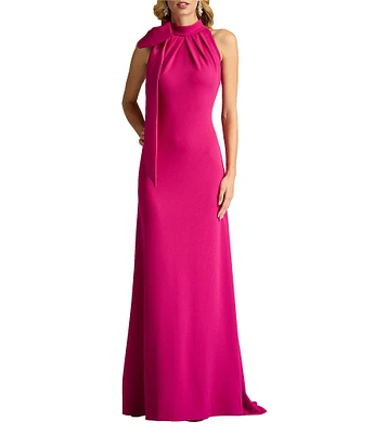 Tadashi Shoji Crepe Halter Mock Neck Taffeta Bow Sleeveless Gown