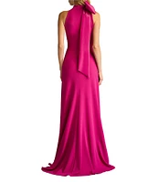 Tadashi Shoji Crepe Halter Mock Neck Taffeta Bow Sleeveless Gown