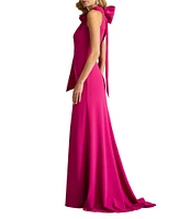 Tadashi Shoji Crepe Halter Mock Neck Taffeta Bow Sleeveless Gown