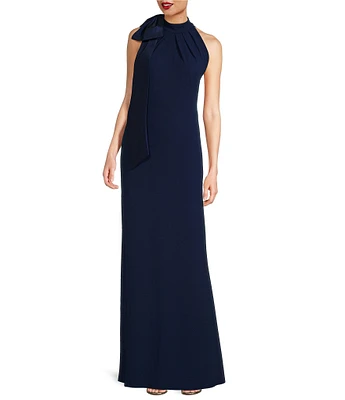 Tadashi Shoji Crepe Halter Mock Neck Taffeta Bow Sleeveless Gown