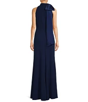 Tadashi Shoji Crepe Halter Mock Neck Taffeta Bow Sleeveless Gown