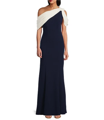 Tadashi Shoji Crepe One Shoulder Drape Twist Knot Gown