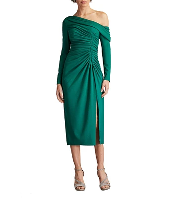 Tadashi Shoji Crepe One Shoulder Fold Over Long Sleeve Gathered Side Slit Midi Dress