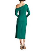 Tadashi Shoji Crepe One Shoulder Fold Over Long Sleeve Gathered Side Slit Midi Dress