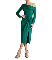 Tadashi Shoji Crepe One Shoulder Fold Over Long Sleeve Gathered Side Slit Midi Dress