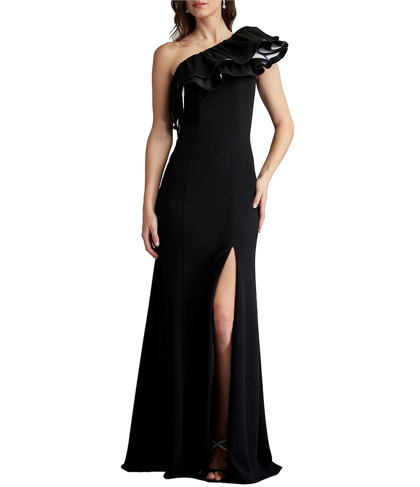 Tadashi Shoji Crepe One Shoulder Neck Flutter Sleeve Taffeta Ruffle Side Slit Gown