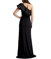 Tadashi Shoji Crepe One Shoulder Neck Flutter Sleeve Taffeta Ruffle Side Slit Gown