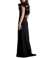 Tadashi Shoji Crepe One Shoulder Neck Flutter Sleeve Taffeta Ruffle Side Slit Gown