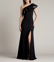 Tadashi Shoji Crepe One Shoulder Neck Flutter Sleeve Taffeta Ruffle Side Slit Gown