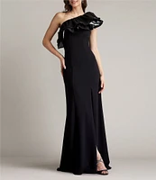 Tadashi Shoji Crepe One Shoulder Neck Flutter Sleeve Taffeta Ruffle Side Slit Gown