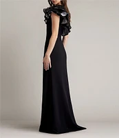 Tadashi Shoji Crepe One Shoulder Neck Flutter Sleeve Taffeta Ruffle Side Slit Gown