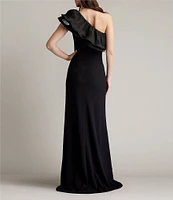 Tadashi Shoji Crepe One Shoulder Neck Flutter Sleeve Taffeta Ruffle Side Slit Gown