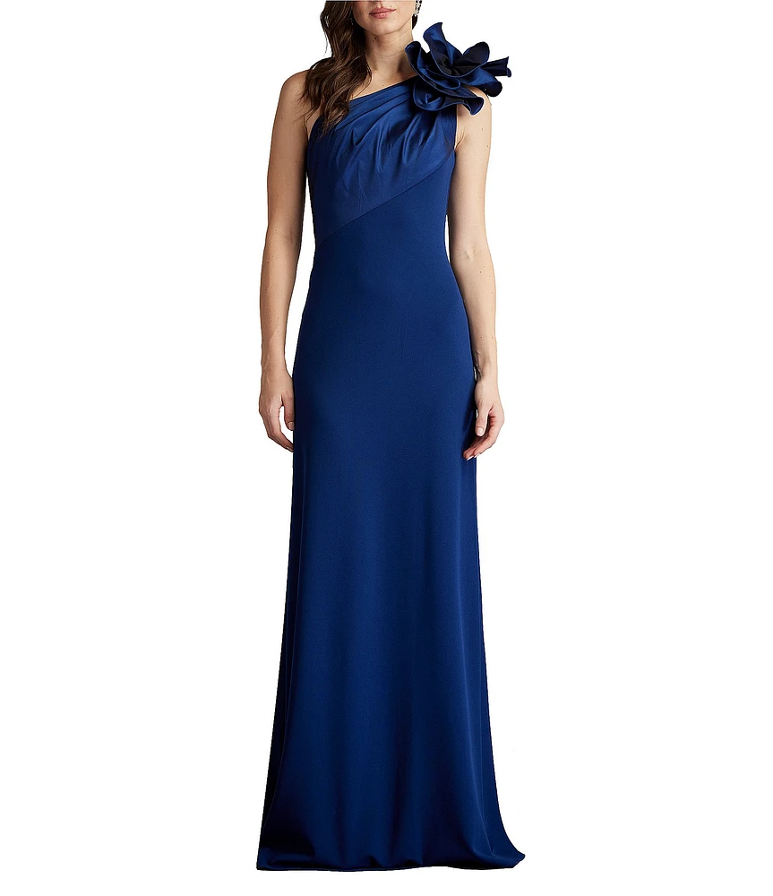 Tadashi Shoji Crepe One Shoulder Sleeveless Taffeta Flower Applique Gown