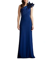 Tadashi Shoji Crepe One Shoulder Sleeveless Taffeta Flower Applique Gown