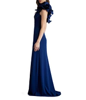 Tadashi Shoji Crepe One Shoulder Sleeveless Taffeta Flower Applique Gown