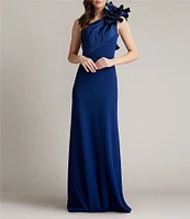 Tadashi Shoji Crepe One Shoulder Sleeveless Taffeta Flower Applique Gown