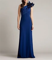 Tadashi Shoji Crepe One Shoulder Sleeveless Taffeta Flower Applique Gown