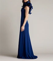 Tadashi Shoji Crepe One Shoulder Sleeveless Taffeta Flower Applique Gown