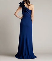 Tadashi Shoji Crepe One Shoulder Sleeveless Taffeta Flower Applique Gown