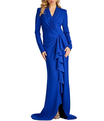 Tadashi Shoji Crepe Pleated V-Neck Long Sleeve Cascading Ruffle Gown