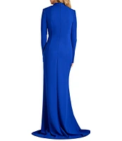 Tadashi Shoji Crepe Pleated V-Neck Long Sleeve Cascading Ruffle Gown