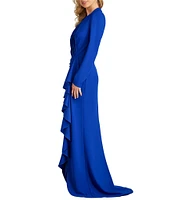 Tadashi Shoji Crepe Pleated V-Neck Long Sleeve Cascading Ruffle Gown