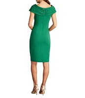 Tadashi Shoji Crepe Pleated Wrap Off The Shoulder Cap Sleeve Gathered Cascading Ruffle Dress