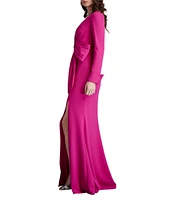 Tadashi Shoji Crepe V-Neck Long Sleeve Wrap Bow Side Slit Gown