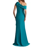 Tadashi Shoji Draped One Shoulder Bow Detail Crepe Sheath Gown