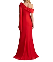 Tadashi Shoji Draped One Shoulder Bow Detail Crepe Sheath Gown